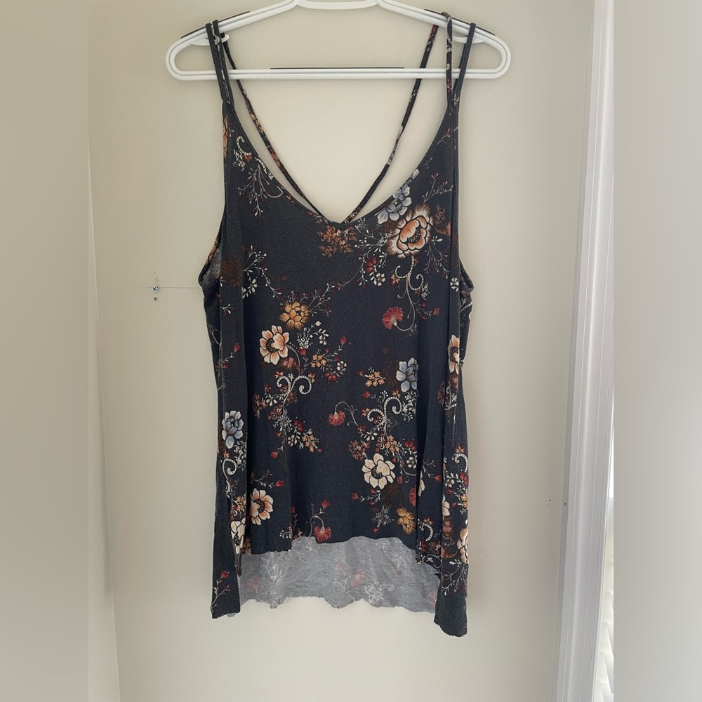 American Eagle Tank Top| Size M| Criss cross floral print spaghetti strap v-neck